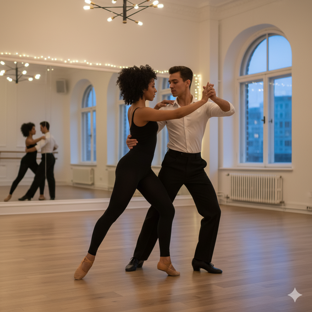 Instructor guiding a dancer during a private ballroom lesson